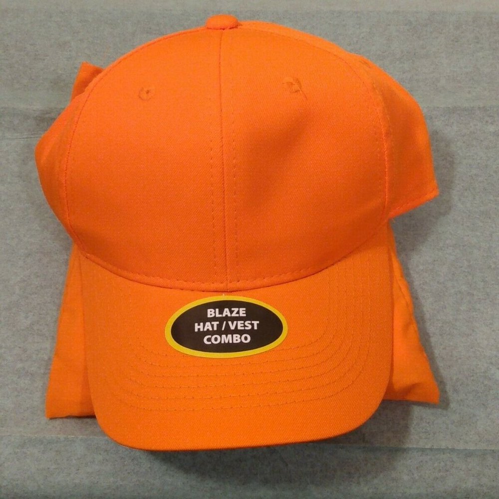 Hunting Adj Hat & Safety Vest One Size Fits Most - Blaze Orange. NEW !!